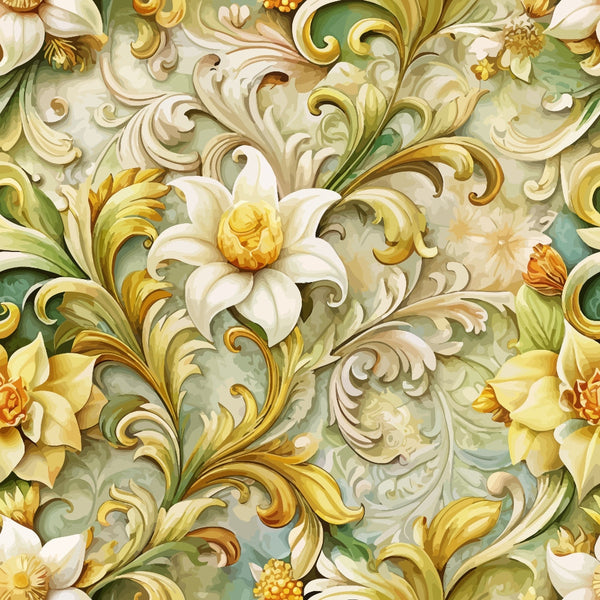 baroque florals, ornate scrollwork, cream flowers, golden yellow, sage green, decorative swirls, white blossoms, acanthus leaves, vintage pattern,, fabric panel, rococo style, elegant motifs, botanical design, ivory petals, gilded accents, luxurious pattern, flowing vines, ornamental design