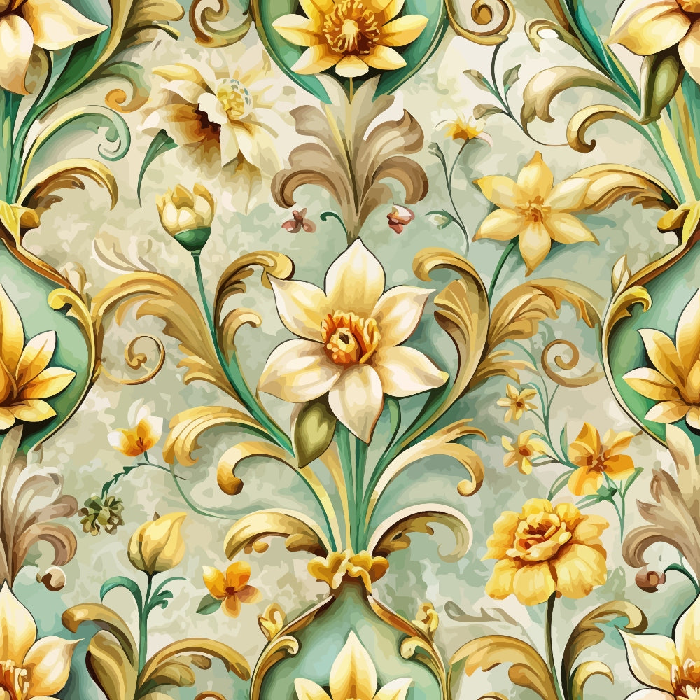 cream, sage green, golden yellow, baroque florals, ornate scrollwork, daffodils, lilies, decorative swirls, vintage pattern, elegant design,, fabric panel, botanical motifs, soft pastels, flowing vines, detailed flowers, ornamental style, sophisticated palette, floral damask