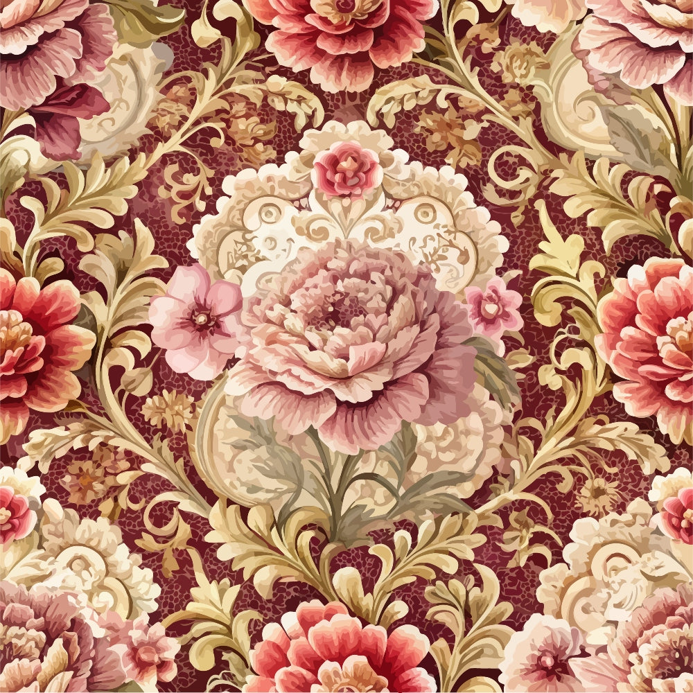 burgundy, pink, coral, cream, gold, baroque pattern, ornate florals, roses, peonies, scrollwork, damask design, vintage style, elegant motif,, fabric panel, romantic florals, decorative swirls, floral medallions, ornamental design, luxurious pattern