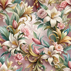 dusty rose, mauve, cream, sage green, gold accents, baroque pattern, ornate florals, lilies, roses, decorative scrollwork, vintage style, elegant design,, fabric panel, romantic mood, floral motifs, pastel palette, intricate details, botanical elements, luxurious feel