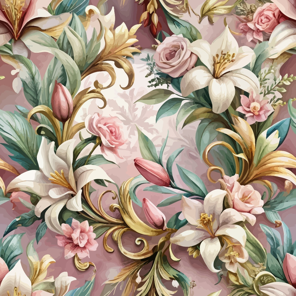 dusty rose, mauve, cream, sage green, gold accents, baroque pattern, ornate florals, lilies, roses, decorative scrollwork, vintage style, elegant design,, fabric panel, romantic mood, floral motifs, pastel palette, intricate details, botanical elements, luxurious feel