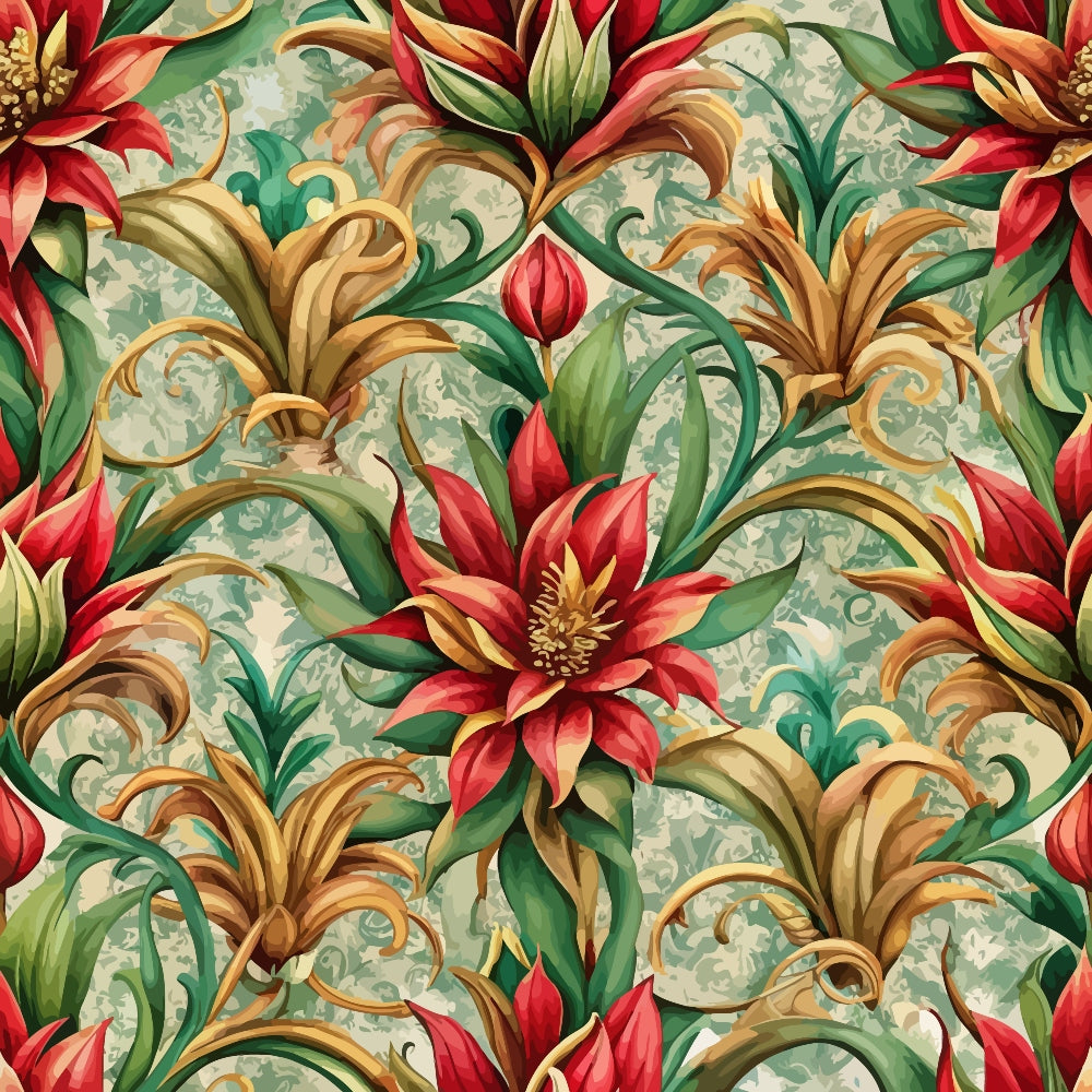 baroque floral, red flowers, coral blooms, green leaves, golden scrollwork, ornate swirls, decorative flourishes, sage green background, vintage pattern, botanical design,, fabric panel, seamless repeat, elegant motifs, flowing vines, warm color palette, renaissance style, luxurious design