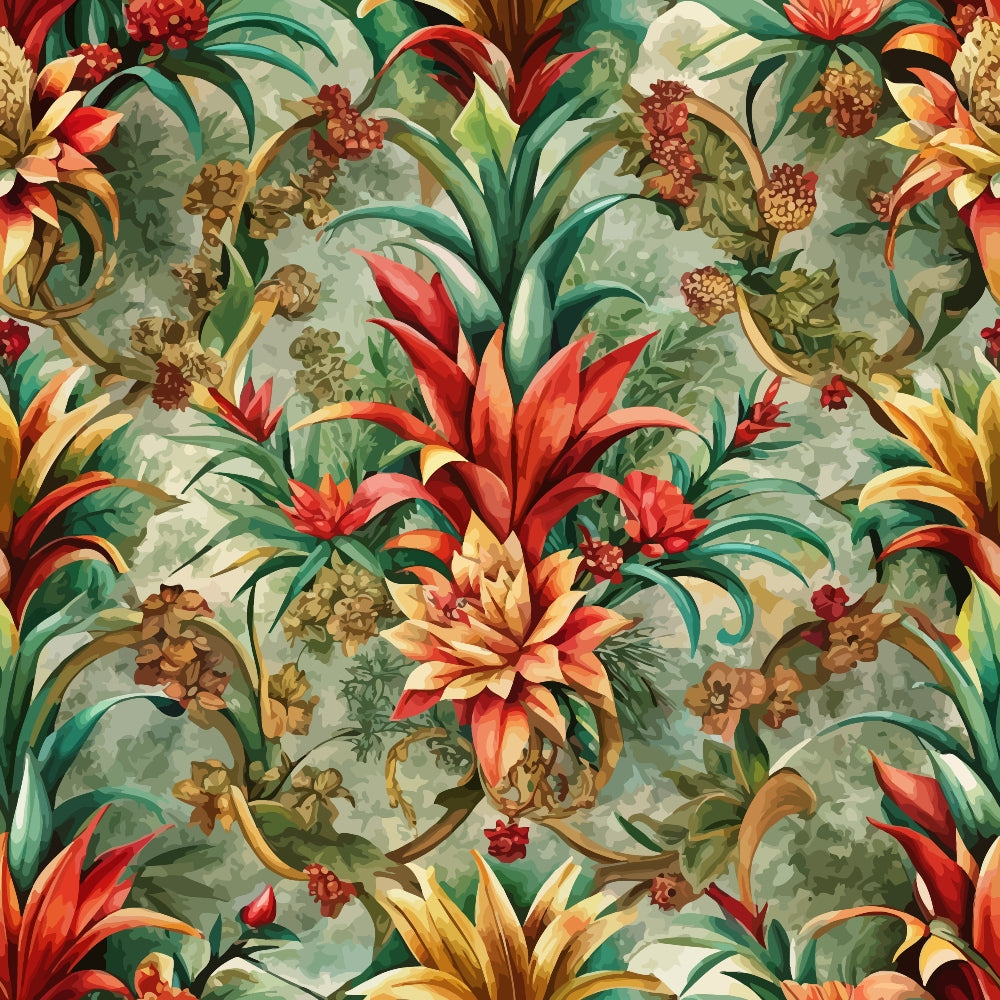 coral red, sage green, golden yellow, tropical pineapples, baroque florals, ornate scrollwork, exotic fruits, lush foliage, decorative swirls,, fabric panel, botanical motifs, warm earth tones, intricate patterns, tropical paradise, ornamental design, rich textures, vibrant colors, floral abundance