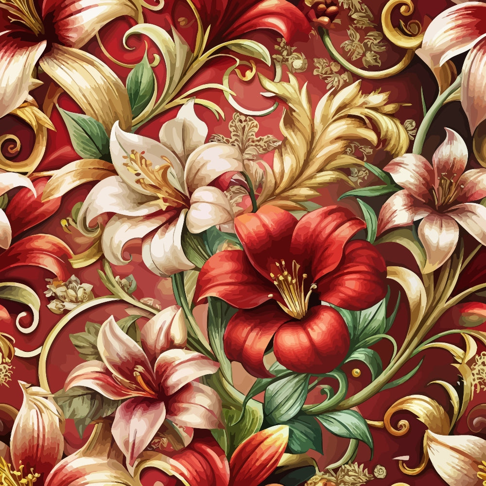 burgundy, deep red, cream, gold, green leaves, baroque florals, ornate lilies, decorative scrollwork, elegant pattern, botanical design, rich colors, luxurious style, flowing vines, detailed flowers,, fabric panel, ornamental motifs, vintage inspired, sophisticated florals, seamless repeat