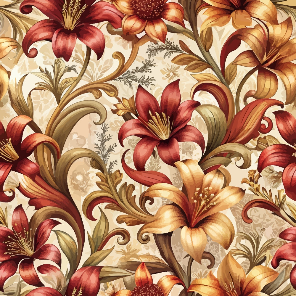 burgundy, golden yellow, cream, beige, baroque florals, ornate lilies, scrollwork, decorative swirls, botanical motifs, vintage style, elegant pattern,, fabric panel, warm tones, floral design, ornamental, luxurious feel, seamless repeat, autumn colors