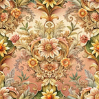 baroque florals, ornate flowers, damask pattern, peach background, coral pink, golden yellow, sage green, cream colors, decorative scrollwork, vintage botanical, symmetrical design, elaborate petals, rococo style, luxurious motifs,, fabric panel, floral medallions, ornamental leaves, warm earth tones, sophisticated pattern