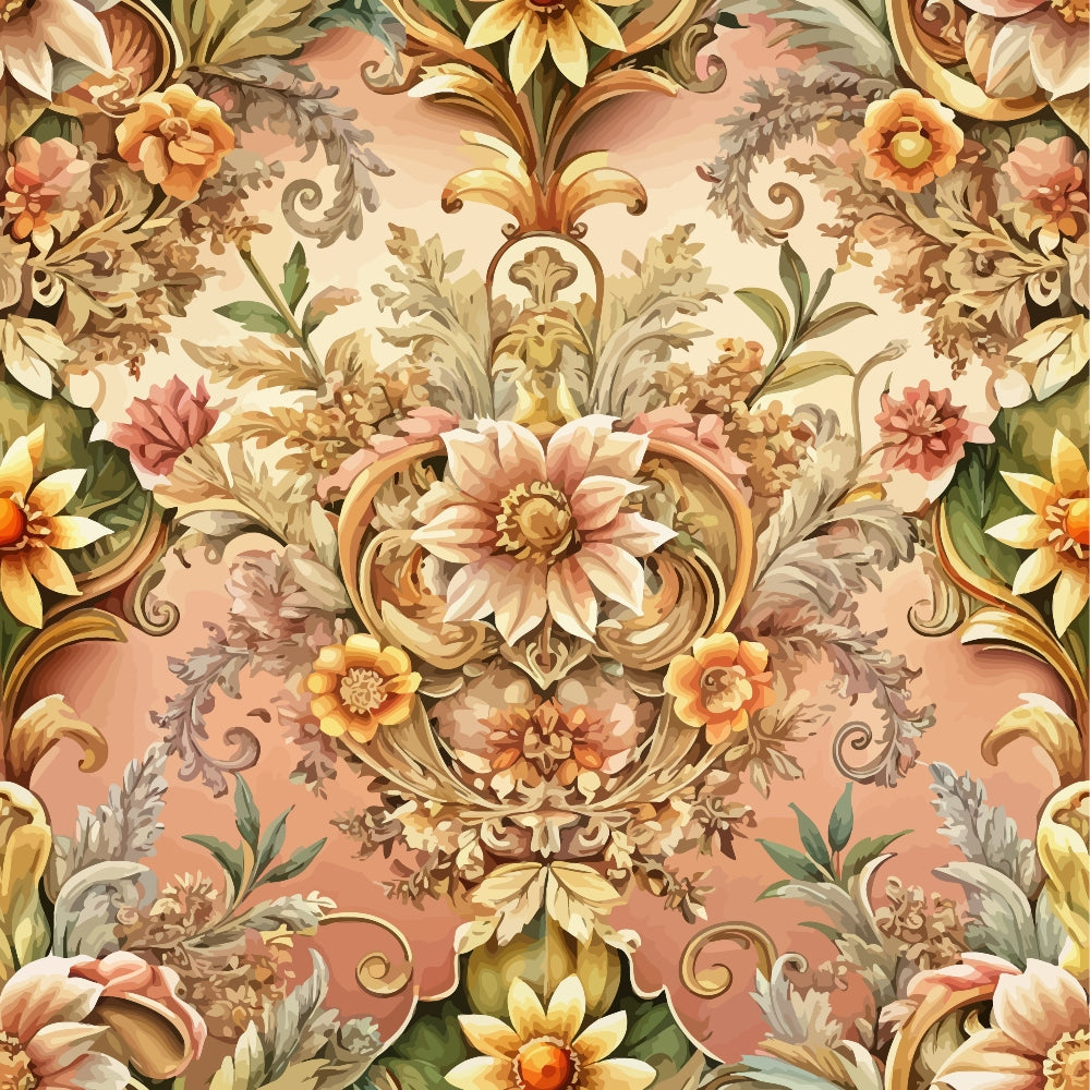baroque florals, ornate flowers, damask pattern, peach background, coral pink, golden yellow, sage green, cream colors, decorative scrollwork, vintage botanical, symmetrical design, elaborate petals, rococo style, luxurious motifs,, fabric panel, floral medallions, ornamental leaves, warm earth tones, sophisticated pattern
