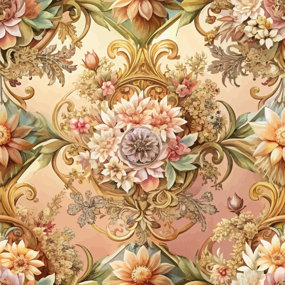 baroque florals, ornate scrollwork, vintage flowers, peachy pink, golden yellow, sage green, cream background, decorative swirls, botanical motifs,, fabric panel, elaborate design, floral bouquets, rococo style, pastel palette, intricate details, flowering vines, ornamental pattern, textile art, crafting material