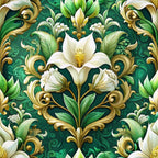 emerald green, white lilies, gold accents, baroque pattern, ornate scrollwork, floral motif,, decorative swirls, botanical design, luxurious style, symmetrical layout, cream petals, yellow stamens, leafy vines, damask style, elegant florals, rich green background, golden flourishes, fabric panel