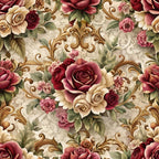 baroque florals, roses, burgundy, cream, beige, pink, ornate scrollwork, vintage flowers, decorative swirls,, fabric panel, romantic pattern, floral bouquets, dusty rose, antique gold, elaborate design, victorian style, seamless repeat, cotton fabric, botanical motifs