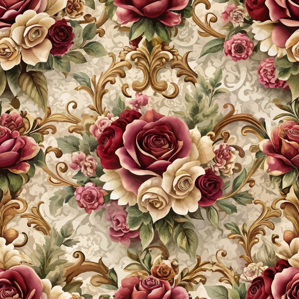 baroque florals, roses, burgundy, cream, beige, pink, ornate scrollwork, vintage flowers, decorative swirls,, fabric panel, romantic pattern, floral bouquets, dusty rose, antique gold, elaborate design, victorian style, seamless repeat, cotton fabric, botanical motifs