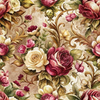 burgundy, cream, gold, baroque florals, roses, ornate scrollwork, vintage pattern,, fabric panel, romantic style, decorative swirls, floral motifs, antique aesthetic, elegant design, botanical elements, rich textures, luxurious feel, ornamental leaves, sophisticated pattern, timeless florals