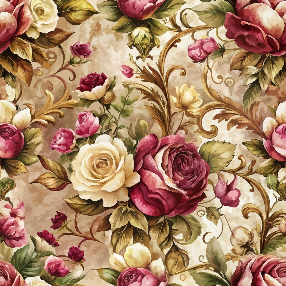 burgundy, cream, gold, baroque florals, roses, ornate scrollwork, vintage pattern,, fabric panel, romantic style, decorative swirls, floral motifs, antique aesthetic, elegant design, botanical elements, rich textures, luxurious feel, ornamental leaves, sophisticated pattern, timeless florals