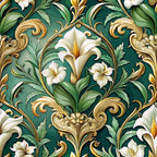 emerald green, gold accents, white lilies, baroque pattern, ornate scrollwork, floral motif, decorative swirls, botanical design,, fabric panel, elegant florals, vintage style, luxurious pattern, green leaves, cream flowers, golden filigree, damask style, ornamental design, sophisticated palette
