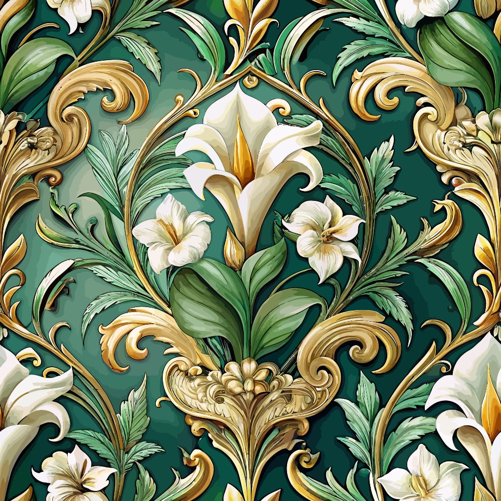 emerald green, gold accents, white lilies, baroque pattern, ornate scrollwork, floral motif, decorative swirls, botanical design,, fabric panel, elegant florals, vintage style, luxurious pattern, green leaves, cream flowers, golden filigree, damask style, ornamental design, sophisticated palette