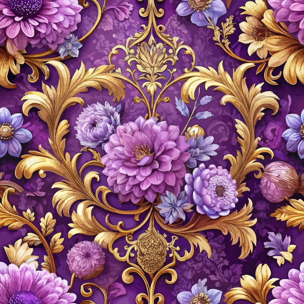purple background, baroque pattern, ornate florals, gold scrollwork, dahlia flowers, decorative swirls, lavender blooms, elegant damask, violet tones, intricate ornaments,, fabric panel, luxurious design, floral motifs, golden accents, regal purple, ornamental flourishes, botanical elements, rich colors, vintage style
