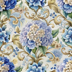 blue hydrangeas, cream background, gold scrollwork, baroque pattern, ornate flourishes, floral motif,, fabric panel, watercolor style, elegant design, purple blooms, green leaves, decorative swirls, botanical print, vintage inspired, soft pastels, romantic florals, seamless repeat, cotton fabric