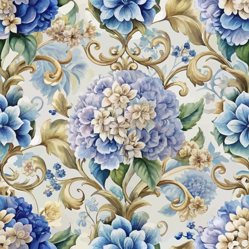 blue hydrangeas, cream background, gold scrollwork, baroque pattern, ornate flourishes, floral motif,, fabric panel, watercolor style, elegant design, purple blooms, green leaves, decorative swirls, botanical print, vintage inspired, soft pastels, romantic florals, seamless repeat, cotton fabric
