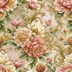 baroque florals, pink peonies, cream roses, sage green leaves, ornate scrollwork, vintage pattern, romantic florals,, fabric panel, dusty rose, ivory blooms, decorative swirls, botanical design, soft pastels, elegant flowers, repeating motif, antique style, floral arrangement, muted tones, ornamental pattern