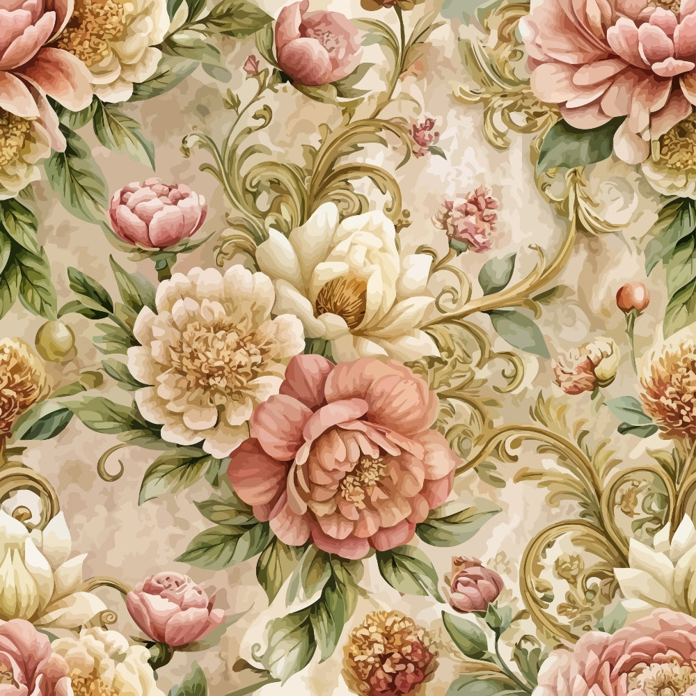 baroque florals, pink peonies, cream roses, sage green leaves, ornate scrollwork, vintage pattern, romantic florals,, fabric panel, dusty rose, ivory blooms, decorative swirls, botanical design, soft pastels, elegant flowers, repeating motif, antique style, floral arrangement, muted tones, ornamental pattern