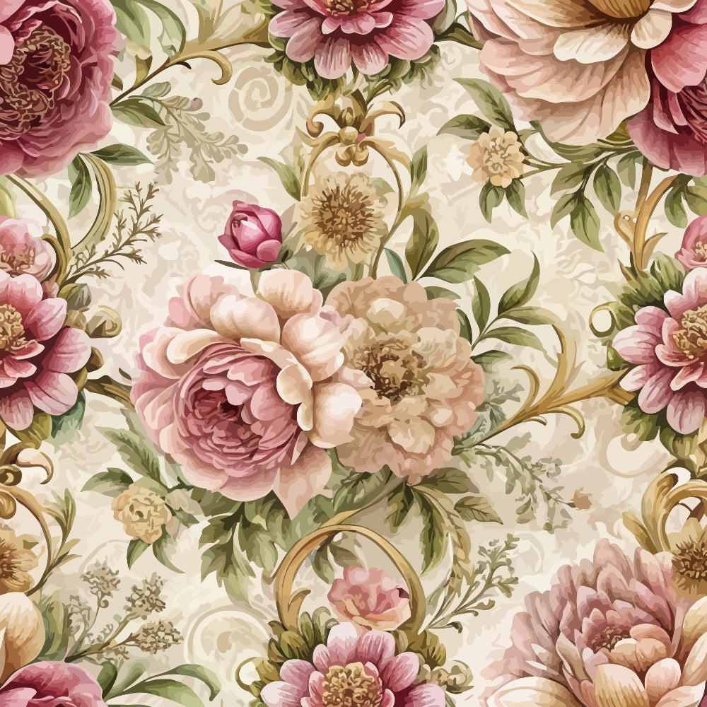 baroque florals, dusty rose, blush pink, sage green, cream background, ornate scrollwork, vintage roses, peonies, decorative swirls, romantic blooms, muted pastels, elegant pattern,, fabric panel, floral motifs, botanical design, soft tones, layered petals, graceful vines, timeless beauty