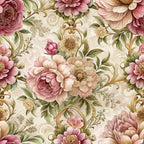baroque florals, dusty rose, blush pink, sage green, cream background, ornate scrollwork, vintage roses, peonies, decorative swirls, romantic blooms, muted pastels, elegant pattern,, fabric panel, floral motifs, botanical design, soft tones, layered petals, graceful vines, timeless beauty