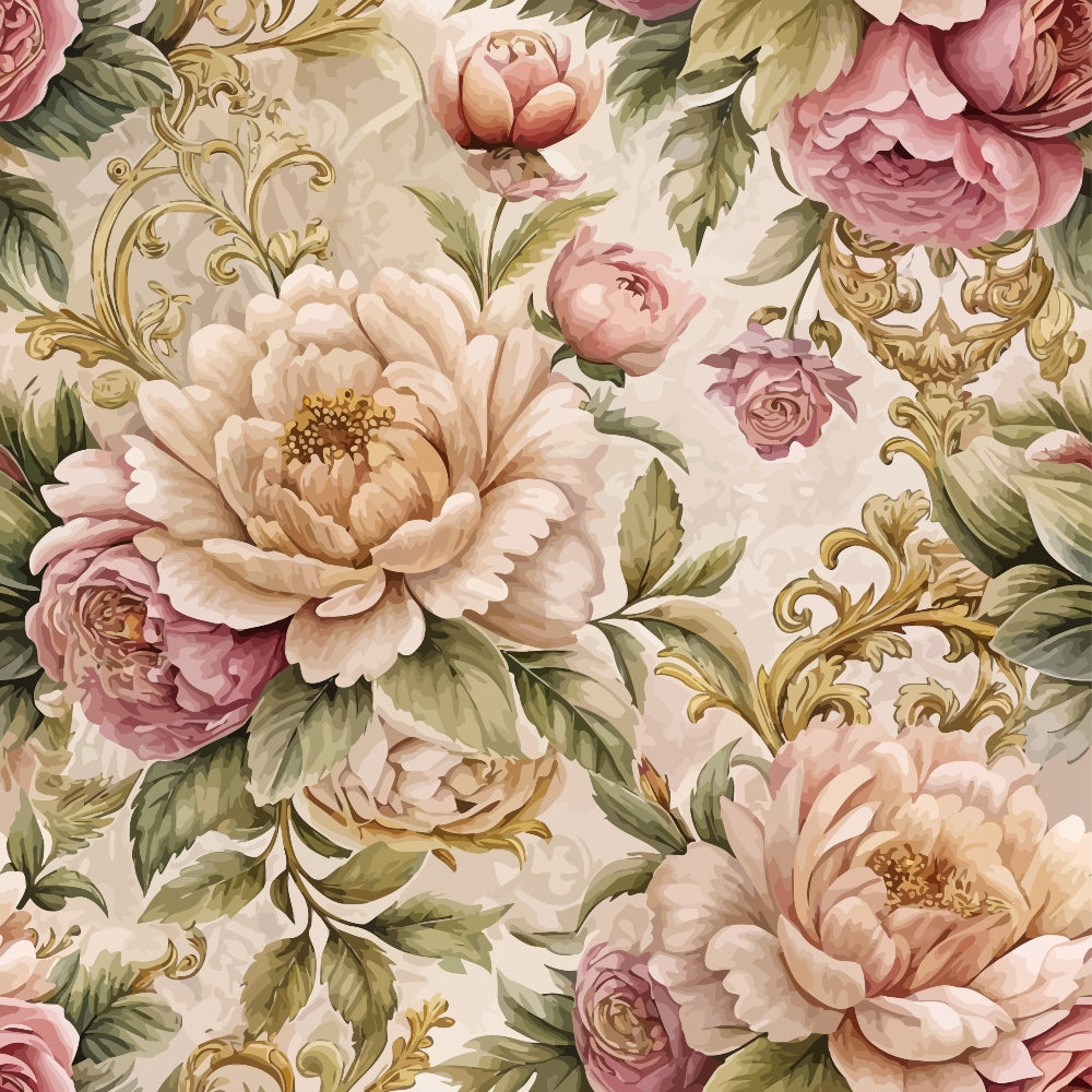 blush pink, cream, sage green, gold accents, baroque pattern, floral design, roses, peonies, ornate scrollwork, vintage style, romantic mood,, fabric panel, layered petals, botanical elements, soft pastels, decorative flourishes, elegant motifs, repeating pattern