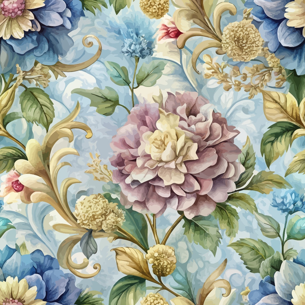 baroque florals,, fabric panel, dusty rose, powder blue, sage green, golden yellow, cream, peony flowers, ornate scrollwork, decorative flourishes, vintage botanical, elegant floral, soft pastels, romantic style, blooming flowers, leafy vines, sophisticated pattern, luxurious design