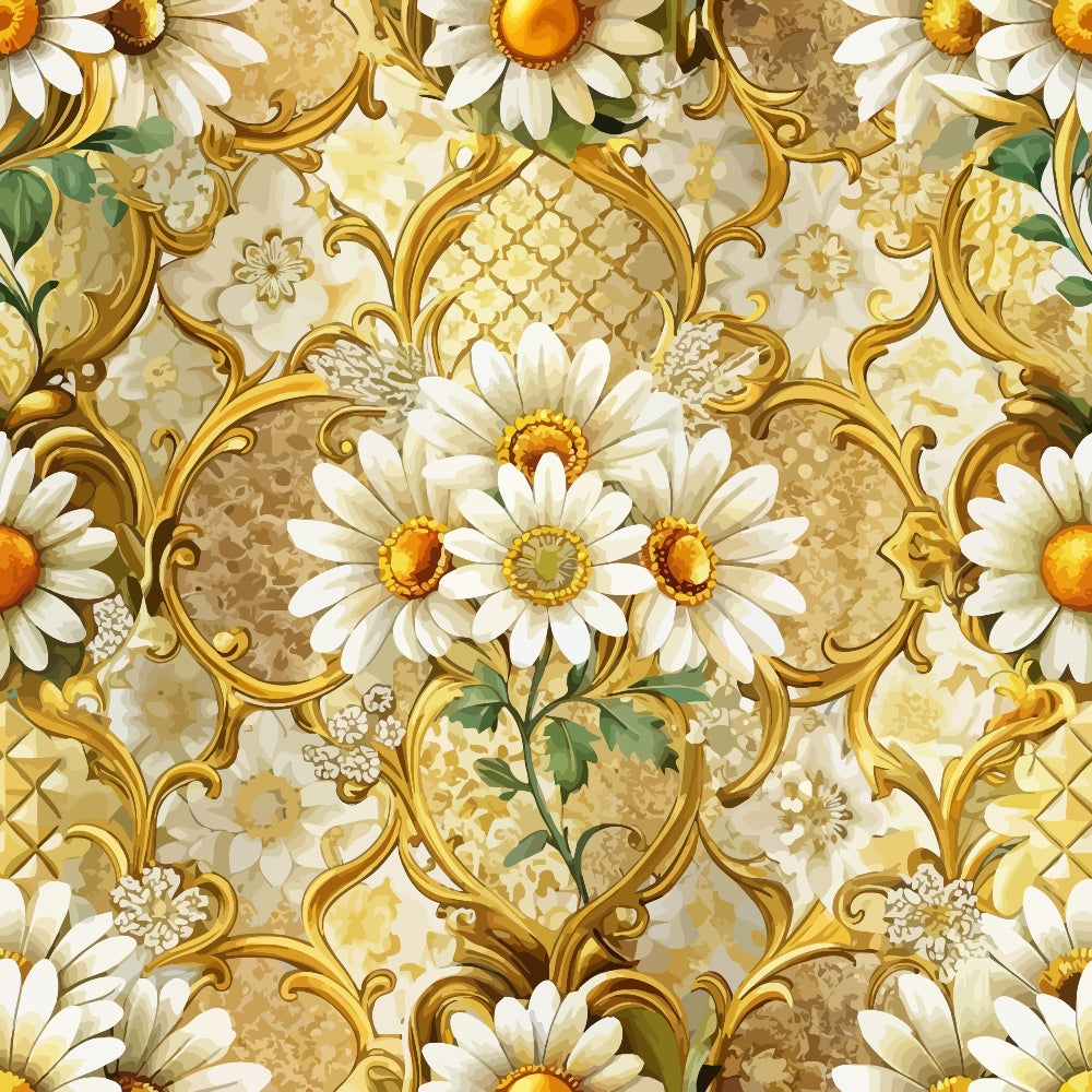 gold, cream, white, yellow, orange, baroque pattern, ornate scrollwork, daisies, floral motifs, decorative flourishes, elegant swirls, vintage style, botanical design,, fabric panel, luxurious, ornamental, ivory petals, golden accents, repeating pattern