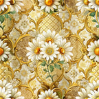 gold, cream, white, yellow, orange, baroque pattern, ornate scrollwork, daisies, floral motifs, decorative flourishes, elegant swirls, vintage style, botanical design,, fabric panel, luxurious, ornamental, ivory petals, golden accents, repeating pattern