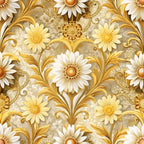 gold, cream, white, beige, baroque pattern, ornate florals, daisy flowers, scrollwork, acanthus leaves, decorative swirls, vintage style, elegant design, seamless repeat,, fabric panel, luxurious motifs, floral damask, golden accents, ivory petals, ornamental pattern