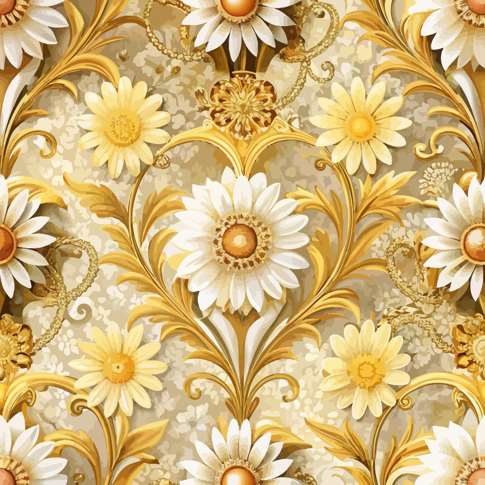 gold, cream, white, beige, baroque pattern, ornate florals, daisy flowers, scrollwork, acanthus leaves, decorative swirls, vintage style, elegant design, seamless repeat,, fabric panel, luxurious motifs, floral damask, golden accents, ivory petals, ornamental pattern