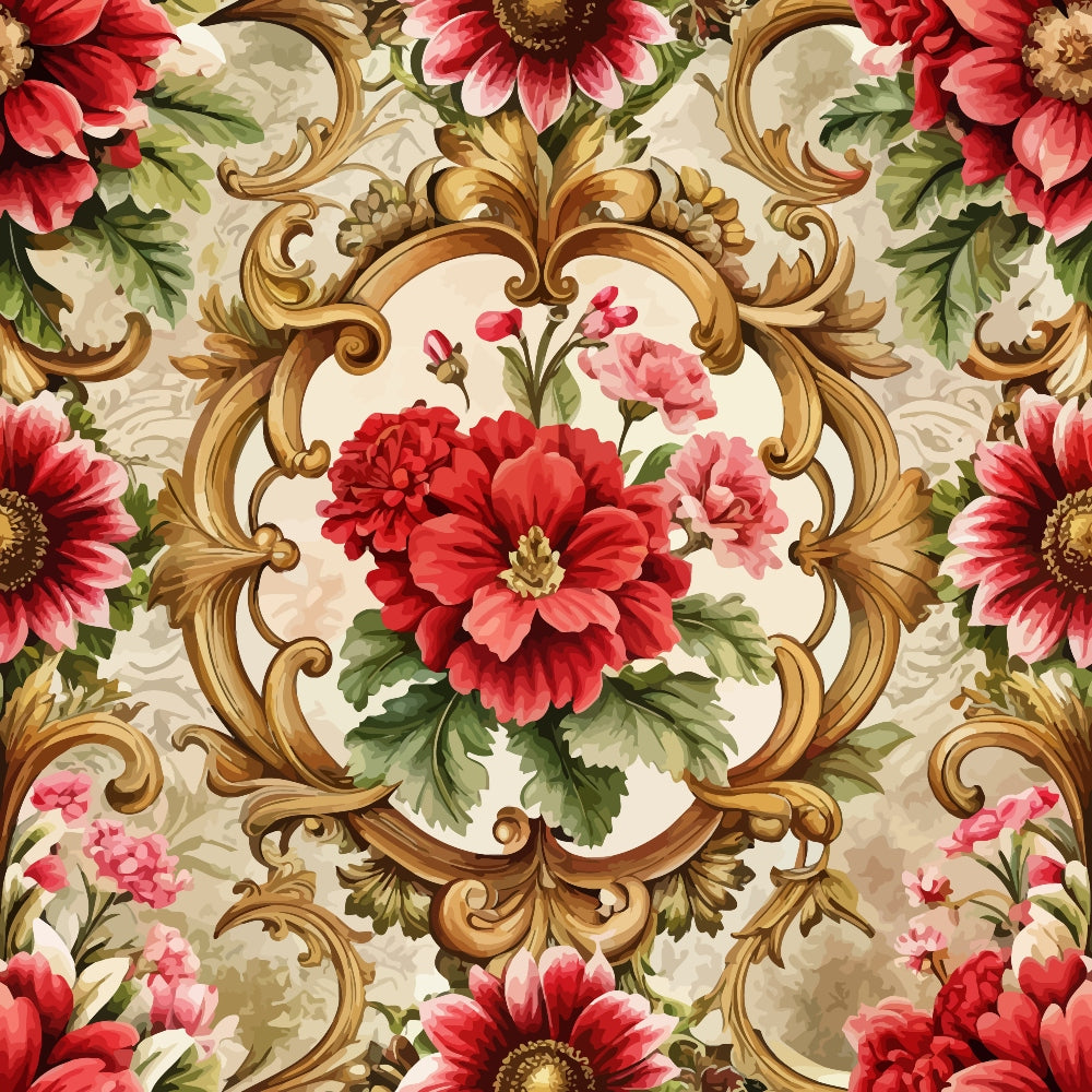 baroque florals, red flowers, pink blooms, golden scrollwork, ornate frame, decorative border, cream background, green leaves, floral motif,, fabric panel, elegant pattern, rococo style, botanical design, vintage inspired, luxurious aesthetic, intricate details, romantic florals, sophisticated design
