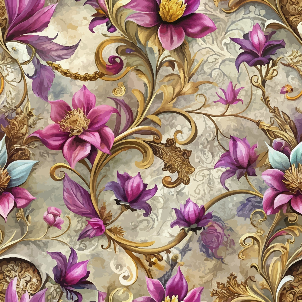 purple flowers, magenta blooms, gold scrollwork, baroque ornaments, ornate swirls, floral motifs, decorative flourishes, cream background, lavender petals, golden accents, intricate patterns, botanical design, elegant styling,, fabric panel, vintage inspired, romantic florals, detailed artwork, luxurious aesthetic