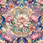 baroque florals, ornate scrollwork, pink peonies, purple flowers, golden accents, cream petals, decorative cartouche, vintage ornaments, floral damask,, fabric panel, romantic blooms, lavender hues, ornamental design, rococo style, botanical motifs, pastel palette, elaborate swirls, elegant florals