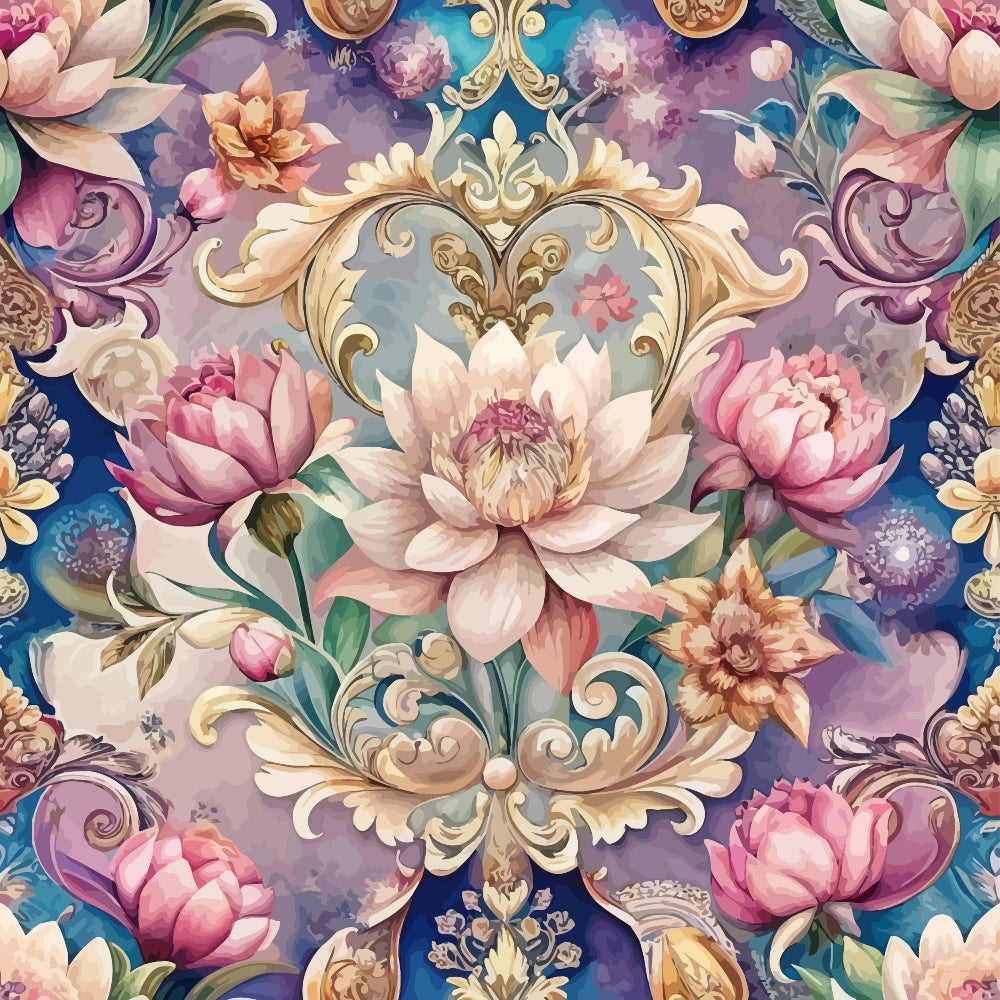 baroque florals, ornate scrollwork, pink peonies, purple flowers, golden accents, cream petals, decorative cartouche, vintage ornaments, floral damask,, fabric panel, romantic blooms, lavender hues, ornamental design, rococo style, botanical motifs, pastel palette, elaborate swirls, elegant florals