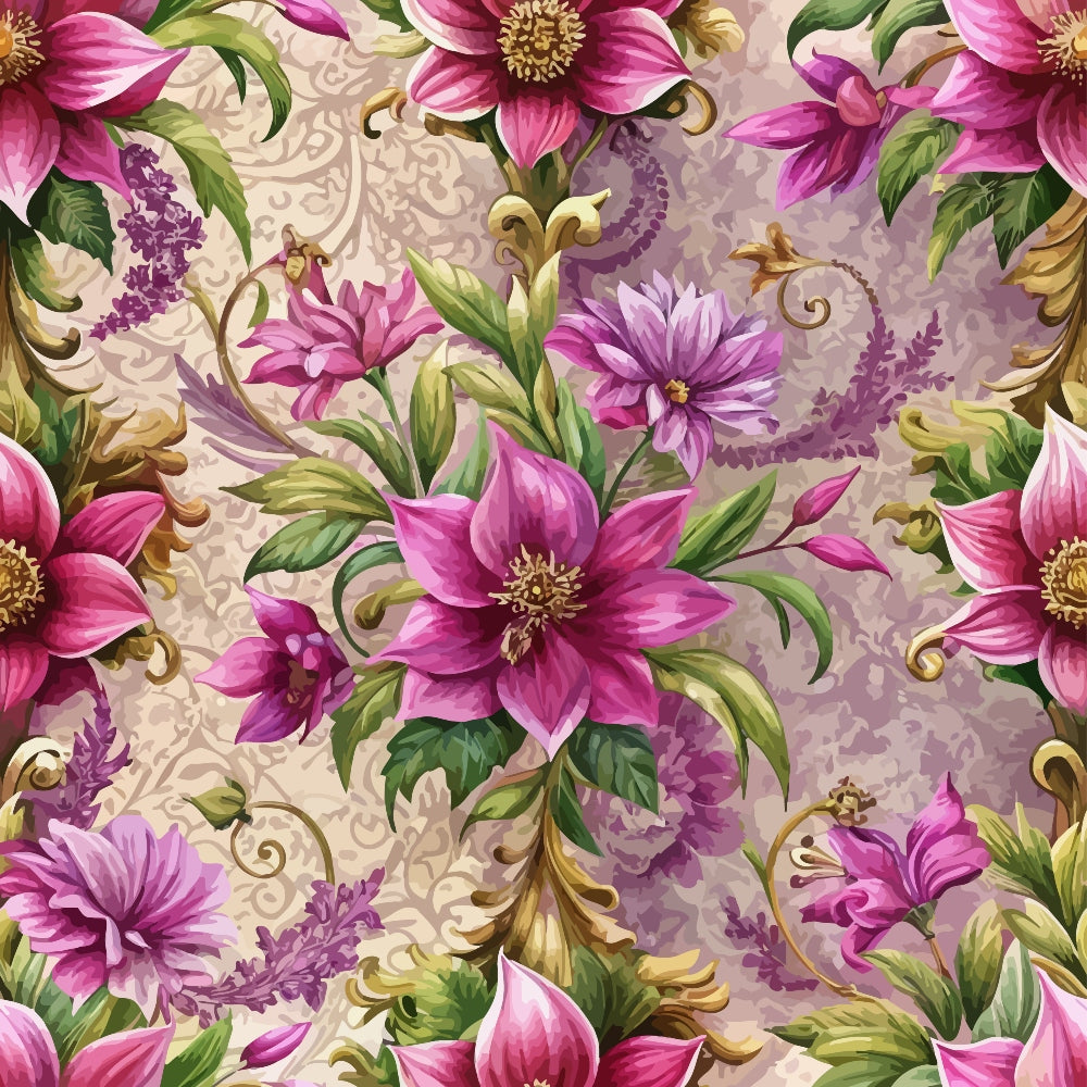 magenta flowers, purple blooms, gold scrollwork, green leaves, baroque pattern, ornate flourishes, floral motif,, fabric panel, decorative swirls, pink petals, lavender tones, botanical design, elegant styling, seamless repeat, vintage inspired, ornamental details, flowing vines, artistic florals
