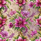 magenta flowers, purple blooms, gold scrollwork, green leaves, baroque pattern, ornate flourishes, floral motif,, fabric panel, decorative swirls, pink petals, lavender tones, botanical design, elegant styling, seamless repeat, vintage inspired, ornamental details, flowing vines, artistic florals