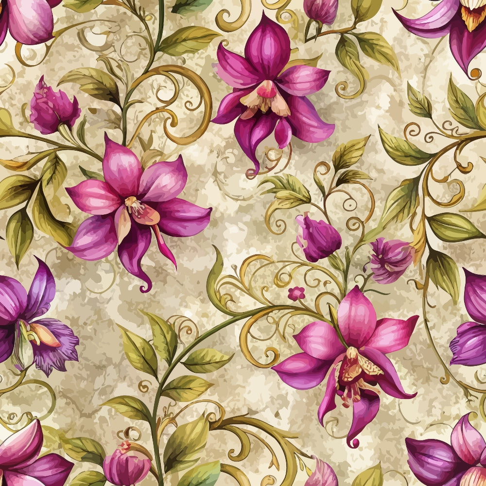 magenta, purple, orchid, cream, beige, green leaves, baroque pattern, floral design, ornate scrollwork, decorative swirls, botanical motifs, elegant flowers, vintage style, intricate details,, fabric panel, seamless repeat, ornamental vines, romantic florals, luxurious pattern