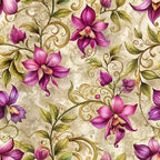 magenta, purple, orchid, cream, beige, green leaves, baroque pattern, floral design, ornate scrollwork, decorative swirls, botanical motifs, elegant flowers, vintage style, intricate details,, fabric panel, seamless repeat, ornamental vines, romantic florals, luxurious pattern