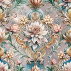 baroque florals,, fabric panel, ornate scrollwork, pastel pink, sage green, cream white, gold accents, damask pattern, vintage roses, decorative motifs, elegant swirls, soft watercolors, romantic florals, intricate details, luxurious design, feminine palette, repeating pattern, ornamental leaves, delicate blooms