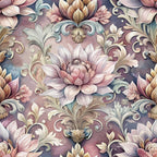 dusty rose, mauve, sage green, cream, baroque pattern, ornate florals, lotus flowers, acanthus leaves, scrollwork, decorative swirls, vintage damask, elegant motifs, watercolor effect, muted pastels,, fabric panel, sophisticated design, floral repeats, ornamental style, romantic palette