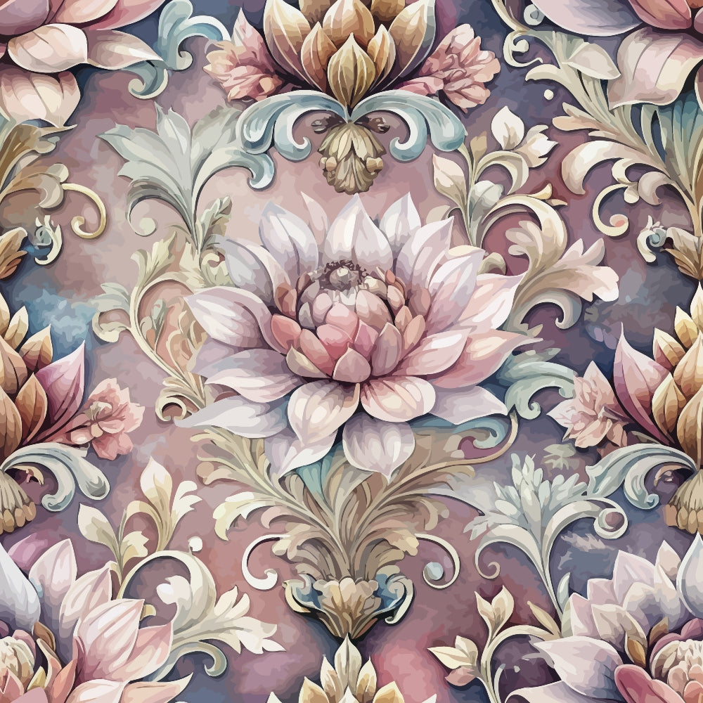 dusty rose, mauve, sage green, cream, baroque pattern, ornate florals, lotus flowers, acanthus leaves, scrollwork, decorative swirls, vintage damask, elegant motifs, watercolor effect, muted pastels,, fabric panel, sophisticated design, floral repeats, ornamental style, romantic palette