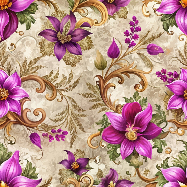 purple flowers, magenta blooms, baroque pattern, ornate scrollwork, floral motif, beige background, gold accents, decorative swirls, botanical design,, fabric panel, elegant florals, vintage style, lavender petals, green foliage, ornamental leaves, seamless repeat, luxurious pattern, flowing vines