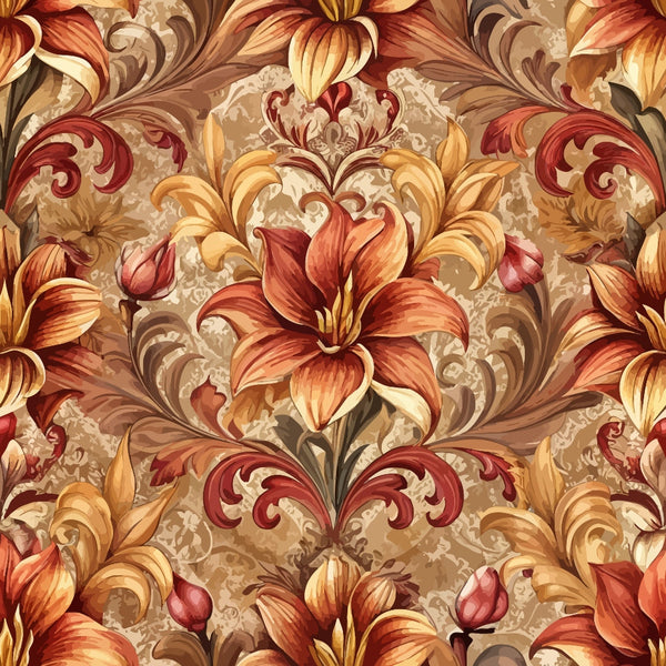burgundy, golden yellow, rust orange, cream, baroque pattern, ornate florals, lily flowers, scrollwork, acanthus leaves, decorative swirls, vintage style, elegant design,, fabric panel, repeating motif, floral damask, rich colors, ornamental design, luxurious pattern, decorative arts