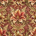 burgundy, gold, coral, ornate florals, baroque pattern, damask design, scrollwork, acanthus leaves, lily flowers, vintage style, elegant motifs, decorative swirls, rich tones, ornamental design,, fabric panel, luxurious pattern, formal florals, intricate details, repeating motif