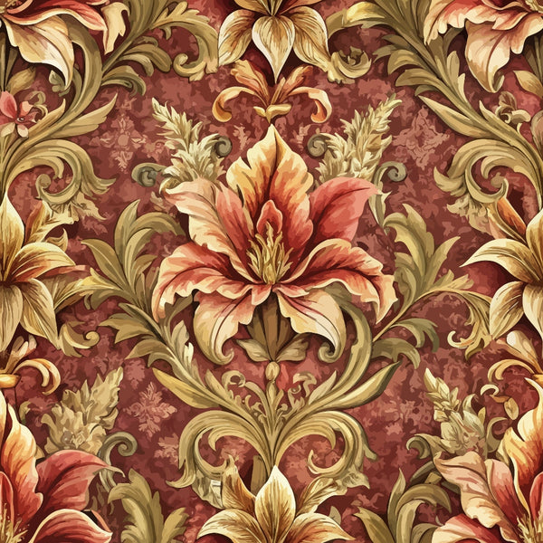 burgundy, gold, coral, ornate florals, baroque pattern, damask design, scrollwork, acanthus leaves, lily flowers, vintage style, elegant motifs, decorative swirls, rich tones, ornamental design,, fabric panel, luxurious pattern, formal florals, intricate details, repeating motif