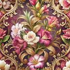 baroque florals, burgundy background, pink roses, white flowers, gold scrollwork, ornate design, decorative swirls, vintage style,, fabric panel, floral motifs, elegant pattern, rich colors, romantic florals, luxurious design, botanical elements, intricate details, opulent style