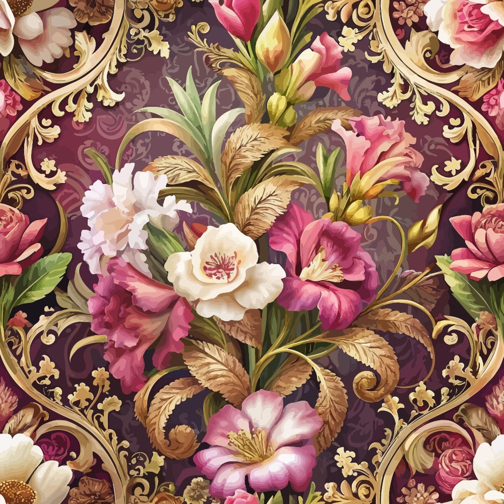 baroque florals, burgundy background, pink roses, white flowers, gold scrollwork, ornate design, decorative swirls, vintage style,, fabric panel, floral motifs, elegant pattern, rich colors, romantic florals, luxurious design, botanical elements, intricate details, opulent style