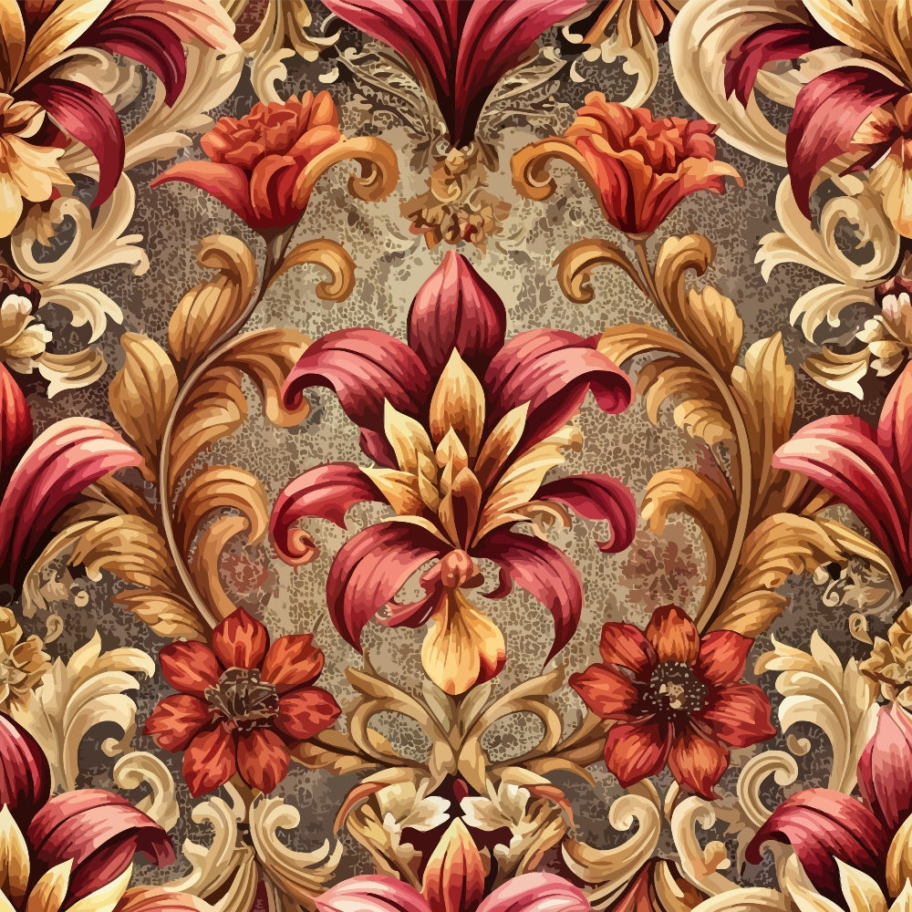 burgundy, gold, coral, ornate florals, baroque pattern, scrollwork, acanthus leaves, damask style, decorative swirls, floral motifs,, fabric panel, rich colors, ornamental design, vintage style, elegant pattern, textile art, warm tones, intricate details